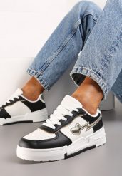 Czarno-Białe Sznurowane Sneakersy na Grubej Podeszwie z Brokatowym Zdobieniem Anaieli. Czarne obuwie sportowe damskie Renee, bez zapięcia. Za 99.99 zł.