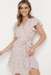 Beżowo-Fioletowa Sukienka w Kwiatki z Gumką w Pasie i Materiałowym Paskiem Ozdobiona Falbanką Monnesa. Brązowe sukienki damskie Born2be, bez wzorów, z bawełny, eleganckie, bez ramiączek. Za 39.99 zł.