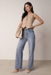 Niebieskie Szerokie Jeansy z Bawełny z Wysokim Stanem Berinielle. Niebieskie jeansy damskie Born2be, bez wzorów, z bawełny. Za 99.99 zł.