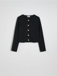 Marynarka z ozdobnymi guzikami - czarny. Czarne marynarki i żakiety damskie Reserved, l, bez wzorów, z dzianiny. W wyprzedaży za 89.99 zł.