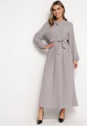 Ciemnoszara Rozkloszowana Sukienka Maxi z Plisowanym Dołem i Wiązanym Paskiem Nollira. Szare sukienki damskie Born2be, bez wzorów, eleganckie, bez ramiączek. W wyprzedaży za 110.49 zł.