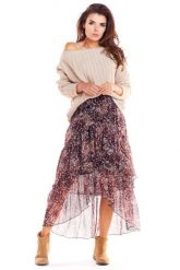 Wzorzysta Asymetryczna Maxi Spódnica z Falbankami - Wzór 2. Brązowe spódnice damskie Awama, l, bez wzorów, z elastanu, maxi. Za 239.90 zł.