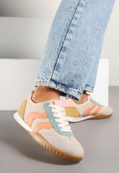 Beżowo-Pomarańczowe Sneakersy z Geometrycznym Motywem i Plecionką Laniffia. Brązowe obuwie sportowe damskie Renee, z jeansu, bez zapięcia, trekkingowe. Za 79.99 zł.