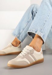 Ciemnobeżowe Sneakersy Tenisówki z Ozdobnymi Paskami Danavin. Brązowe obuwie sportowe damskie Born2be, z jeansu, bez zapięcia, tenisowe. Za 74.99 zł.