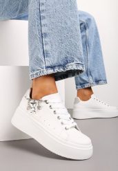 Biało-Szare Sznurowane Sneakersy z Ekoskóry na Platformie z Łańcuszkiem i Zawieszkami Salvania. Białe obuwie sportowe damskie Renee, z materiału, bez zapięcia. Za 74.99 zł.