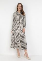 Beżowa Sukienka Bathiphaeia. Brązowe sukienki damskie Born2be, bez wzorów, z materiału, eleganckie, bez ramiączek. W wyprzedaży za 144.49 zł.