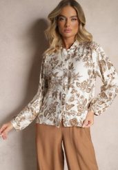 Beżowa Wiskozowa Koszula w Kwiatowy Print z Bufiastymi Rękawami Hanistrae. Brązowe koszule damskie Renee, na lato, l, w ażurowe wzory, z jeansu, eleganckie, bez kołnierzyka, bez ramiączek. Za 89.99 zł.