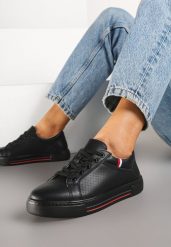 Czarne Skórzane Sneakersy na Płaskiej Podeszwie ze Skórzaną Wkładką i Perforacją Galiwa. Czarne obuwie sportowe damskie Renee, z jeansu, bez zapięcia. Za 159.99 zł.