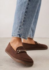 Brązowe Mokasyny Barefoot z Metaliczną Klamrą Jamal. Brązowe mokasyny damskie Renee, z dzianiny, bez obcasa. Za 119.99 zł.