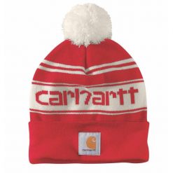 Czapka zimowa z pomponem Carhartt Knit Pom-Pom Cuffed Logo Beanie. Czerwone czapki damskie Carhartt, na zimę, bez wzorów. Za 97.99 zł.