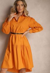 Pomarańczowa Rozkloszowana Sukienka Koszulowa z Bawełny Paniell. Brązowe sukienki damskie Renee, bez wzorów, z bawełny, eleganckie, bez ramiączek. W wyprzedaży za 99.99 zł.