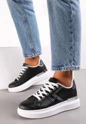 Czarne Sneakersy Sznurowane na Płaskiej Grubej Podeszwie z Imitacji Skóry Hisnna. Czarne obuwie sportowe damskie Renee, ze skóry, bez zapięcia. Za 49.99 zł.