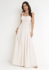 Beżowa Rozkloszowana Sukienka Maxi z Wiązanymi Ramiączkami Lisija. Brązowe sukienki damskie Born2be, bez wzorów, eleganckie, bez ramiączek. Za 189.99 zł.