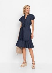 Sukienka jeansowa z bawełny organicznej. Niebieskie sukienki damskie bonprix, bez wzorów, z bawełny, bez ramiączek. Za 119.99 zł.