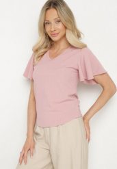 Różowa Bluzka z Szerokimi Rękawami Sunevia. Czerwone bluzki damskie Born2be, m, bez wzorów, z jeansu, eleganckie, bez kołnierzyka, bez ramiączek. Za 34.99 zł.