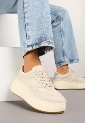 Beżowe Sneakersy ze Skóry Naturalnej na Tłoczonej Platformie Mirivin. Brązowe obuwie sportowe damskie Renee, z jeansu, bez zapięcia. Za 179.99 zł.