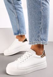 Biało-Złote Sznurowane Sneakersy z Cholewką przed Kostkę Narelina. Białe obuwie sportowe damskie Renee, na jesień, przed kostkę, bez zapięcia. Za 49.99 zł.
