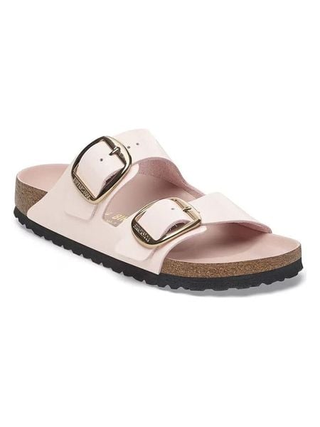 Birkenstock Skórzane klapki "Arizona" w kolorze jasnoróżowym rozmiar: 38. Różowe klapki damskie Birkenstock, bez wzorów, z lakierowanej skóry, z otwartym noskiem, bez obcasa, bez zapięcia. Za 632.53 zł.