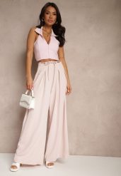 Różowe Szerokie Spodnie High Waist Zapinane na Suwak z Wiązaniem w Talii Vikonnia. Czerwone spodnie materiałowe damskie Renee, bez wzorów, z jeansu. Za 59.99 zł.