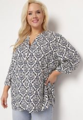 Biało-Granatowa Bluzka z Wiskozy z Rękawem 3/4 i Ornamentalnym Wzorem Belloma. Białe bluzki damskie Born2be, xl, bez wzorów, z tkaniny, bez kołnierzyka, bez ramiączek. Za 69.99 zł.