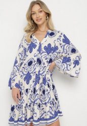 Niebieska Wiskozowa Sukienka o Rozkloszowanym Kroju w Ornamentalny Wzór Pasluna. Niebieskie sukienki damskie Born2be, bez wzorów, z jeansu, eleganckie, bez ramiączek. W wyprzedaży za 93.49 zł.