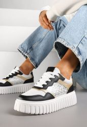 Czarno-Białe Sneakersy na Platformie z Tłoczeniami Zdobione Panterkowym Printem Herraza. Czarne obuwie sportowe damskie Renee, z jeansu, bez zapięcia. Za 99.99 zł.