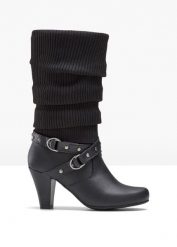 Kozaki. Czarne kozaki damskie bonprix, bez obcasa, na obcasie, bez zapięcia. Za 189.99 zł.