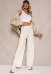 Jasnobeżowe Spodnie z Bawełną o Szerokim Kroju High Waist Efleria. Brązowe spodnie materiałowe damskie Renee, bez wzorów, z bawełny. Za 49.99 zł.