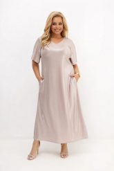 Wizytowa sukienka maxi Aurora szampański beż z połyskiem z lureksu na wesele PLUS SIZE OVERSIZE LATO. Czerwone sukienki damskie Moda Size Plus Iwanek, bez wzorów, z elastanu, eleganckie, bez ramiączek. Za 369.90 zł.