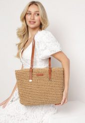 Ciemnobeżowa Torebka Shopper z Plecionki z Rączkami z Ekoskóry Buxara. Brązowe shopper bag Born2be, bez wzorów, bez dodatków. Za 119.99 zł.