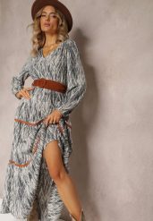 Szara Sukienka z Gumką w Pasie Nossi. Szare sukienki damskie Renee, bez wzorów, z materiału, boho, bez ramiączek. W wyprzedaży za 111.99 zł.