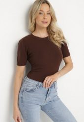 Brązowy Sweter z Ozdobnymi Ściągaczami Sanarella. Brązowe swetry klasyczne damskie Born2be, uniwersalny, z jeansu, bez kołnierzyka. Za 49.99 zł.