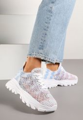 Biało-Niebieskie Sneakersy Ozdobione Siateczką Toliselle. Białe obuwie sportowe damskie Renee, z jeansu, bez zapięcia. Za 74.99 zł.