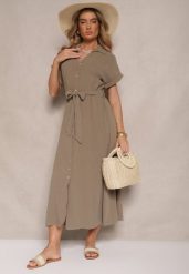 Zielona Bawełniana Sukienka Koszulowa z Wiązanym Paskiem i Krótkim Rękawem Elannoria. Zielone sukienki damskie Renee, bez wzorów, z bawełny, eleganckie, bez ramiączek. Za 159.99 zł.