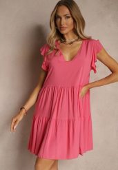 Różowa Bawełniana Sukienka Rozkloszowana z Falbankami Mirlio. Czerwone sukienki damskie Renee, bez wzorów, z bawełny, eleganckie, bez ramiączek. W wyprzedaży za 39.99 zł.