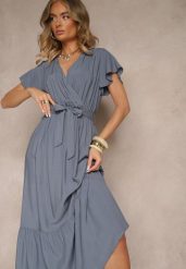 Granatowa Kopertowa Sukienka z Wiskozy Ozdobiona Paskiem Savioneira. Niebieskie sukienki damskie Renee, bez wzorów, z jeansu, eleganckie, bez ramiączek. W wyprzedaży za 63.99 zł.