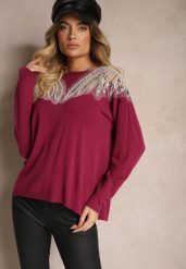 Fioletowy Sweter z Wiskozą Ozdobiony Koralikami i Cekinami Nevarita. Fioletowe swetry klasyczne damskie Renee, na zimę, m, z wiskozy, bez kołnierzyka. Za 89.99 zł.