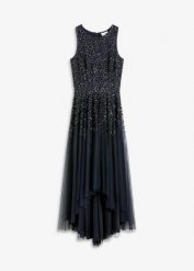 Sukienka z dłuższym tyłem z haftem z cekinów. Niebieskie sukienki damskie bonprix, bez wzorów, eleganckie, bez ramiączek. Za 349.99 zł.