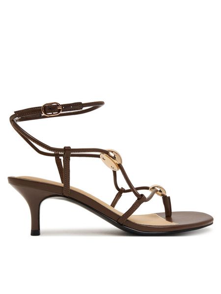 Guess Sandały FLTAYS ELE03 Brązowy. Brązowe sandały damskie Guess, z aplikacjami, ze skóry, bez obcasa, na szpilce, bez zapięcia. Za 444.99 zł.