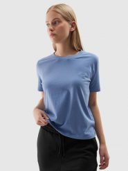 4F T-shirt regular gładki damski - niebieski M. Niebieskie t-shirty damskie 4F, m, bez wzorów, z bawełny, bez kołnierzyka. W wyprzedaży za 29.99 zł.
