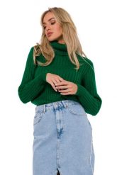 Sweter z Golfem o Prążkowanym Splocie - Zielony. Zielone golfy damskie MOE, l, z materiału, bez kołnierzyka. Za 220.90 zł.