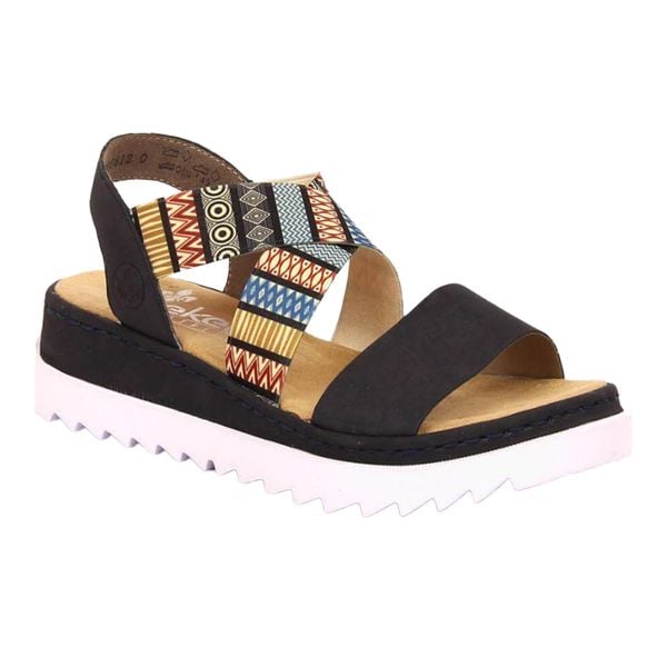 Sandały Damskie RKR533A. Czarne sandały damskie Rieker, bez wzorów, z materiału, z otwartym noskiem, bez obcasa, na platformie, bez zapięcia. Za 458.99 zł.