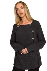 Sweter z Metalowymi Guzikami - Grafitowy. Szare swetry klasyczne damskie MOE, l, z materiału, bez kołnierzyka. Za 254.90 zł.