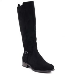 Kozaki damskie zamszowe czarne Sabatina 24160-100. Czarne kozaki damskie Sabatina, ze skóry ekologicznej, bez obcasa, bez zapięcia. Za 189.99 zł.