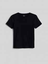 4F T-shirt slim z prążkowanej dzianiny damski - czarny L. Czarne t-shirty damskie 4F, l, bez wzorów, z bawełny, bez kołnierzyka. Za 49.99 zł.