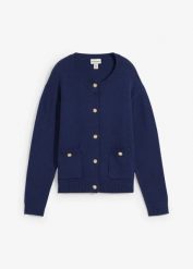 Sweter rozpinany z kieszeniami. Niebieskie kardigany damskie bonprix, bez wzorów. Za 77.99 zł.