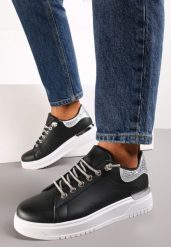 Czarne Płaskie Sneakersy na Grubej Podeszwie z Aplikacjami i Metalową Wstawką Torey. Czarne obuwie sportowe damskie Renee, bez zapięcia. Za 99.99 zł.
