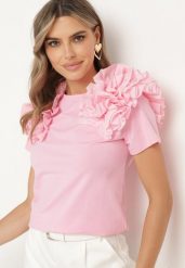 Różowy Bawełniany T-shirt Koszulka z Krótkim Rękawem Ozdobiona Aplikacją z Falbankami Aristine. Czerwone bluzki damskie Born2be, l, z aplikacjami, z bawełny, bez kołnierzyka, bez ramiączek. Za 84.99 zł.