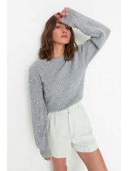 Trendyol Sweter w kolorze szarym rozmiar: L. Szare swetry klasyczne damskie Trendyol, l, ze splotem, bez kołnierzyka. Za 83.22 zł.