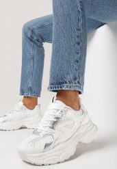 Biało-Srebrne Sneakersy na Platformie z Siateczkową Wstawką Huvia. Białe obuwie sportowe damskie Born2be, przed kostkę, bez zapięcia. Za 89.99 zł.